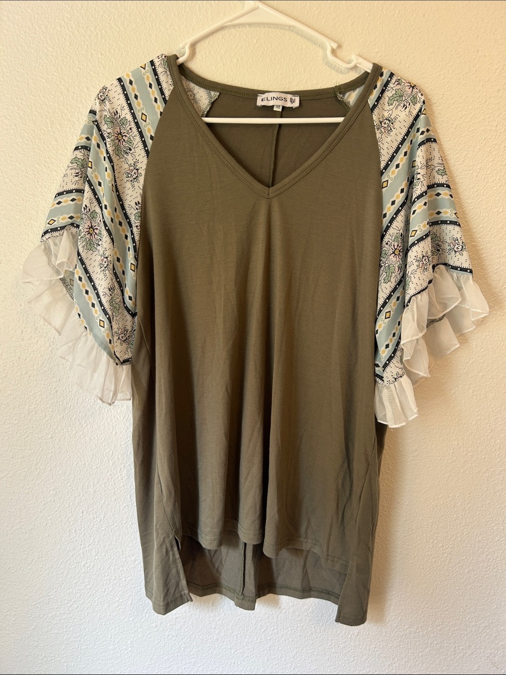 Ellings Olive V-Neck Top with Patterned Flutter Sleeves